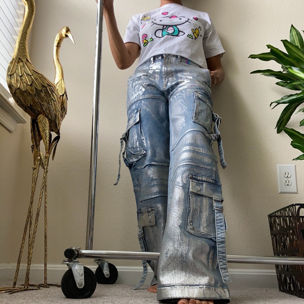 Metallic Coated Silver Cargo Pants